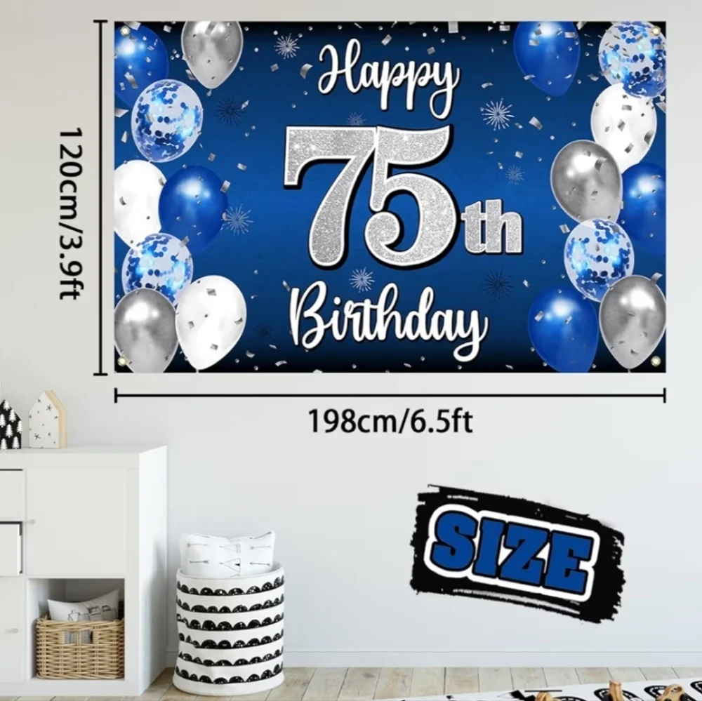 Happy 75th Birthday Backdrop Banner Blue Silver Photo Booth Decoration